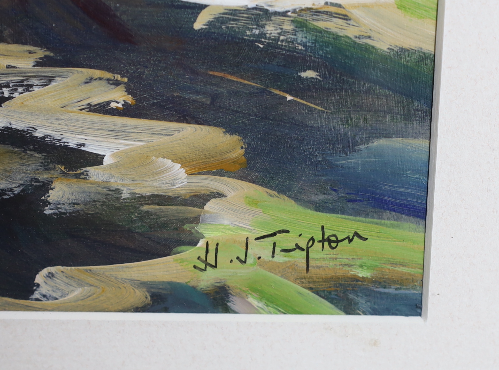 H.J. Tipton, gouache on board, Artist at work beside a river, signed, 37 x 54cm